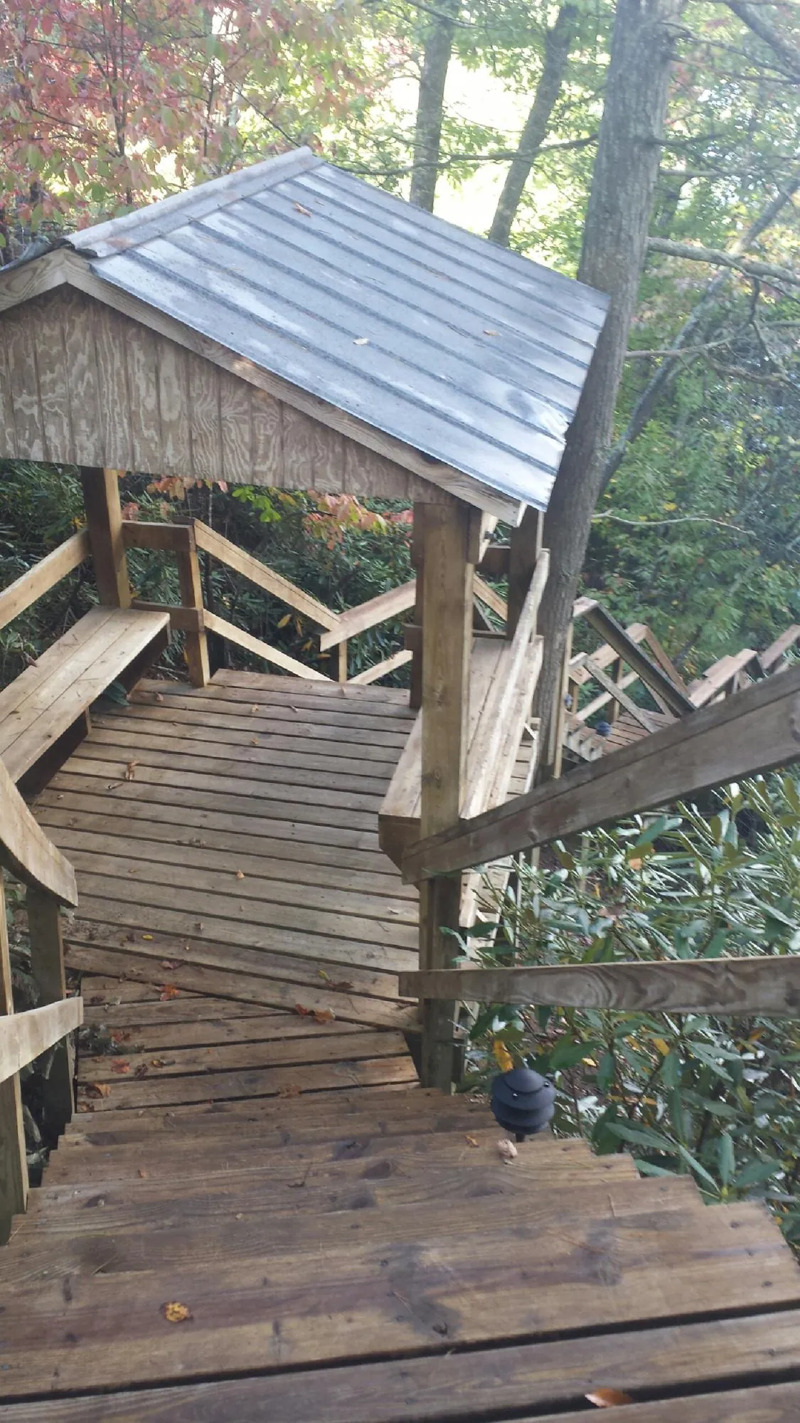 Metal roofed shelter over wooden steps on a wooded walkway — Skylight Repair & Installation work by our crew in West Monroe